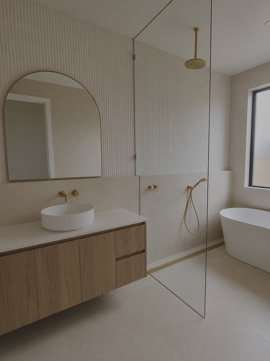 Modern bathroom with cream tiles, vanity, bath and shower