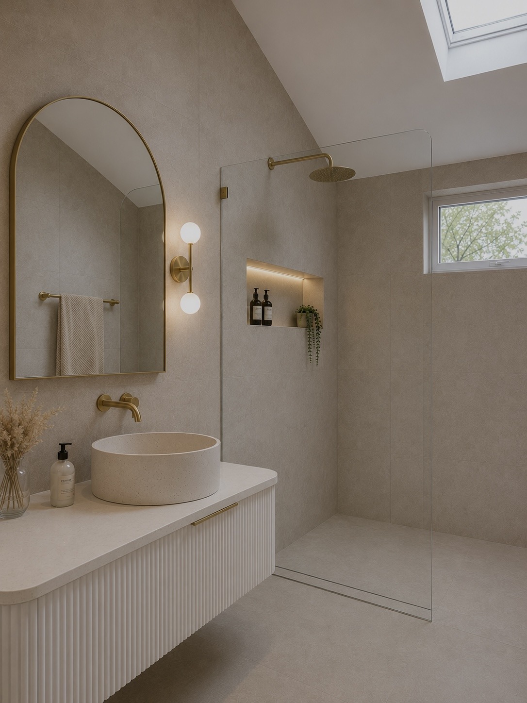 Bathroom renovation with walk-in shower, round mirror and gold fittings